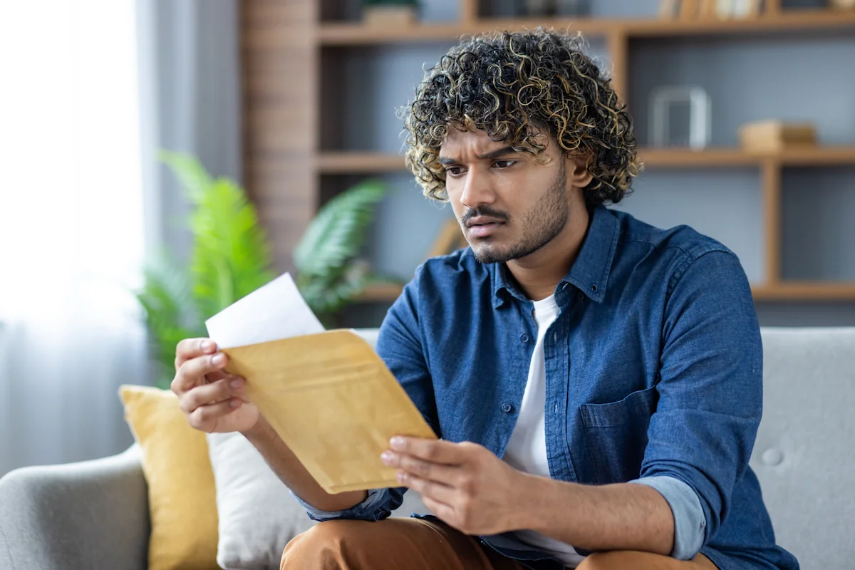 Un homme qui lit un courrier qui l'informe d'une servitude de ligne électrique